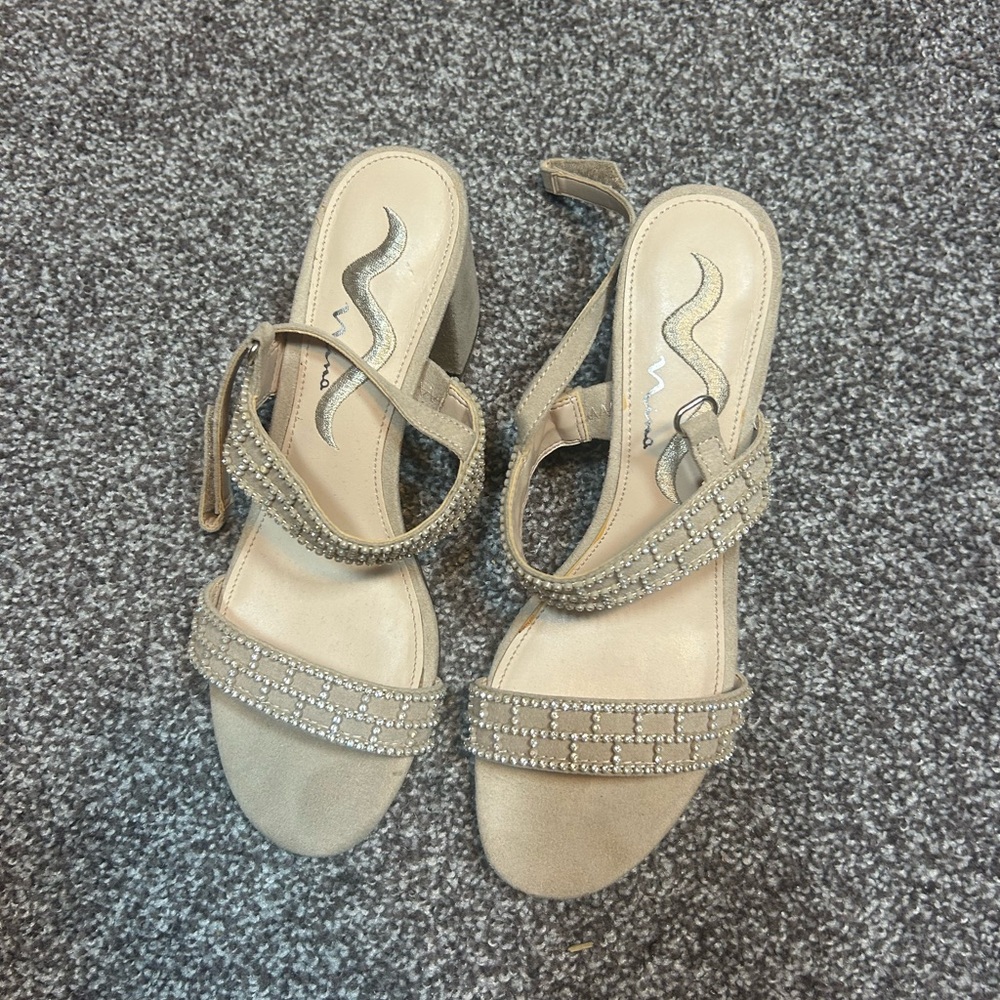 Nina Tan Rhinestone-Strap Block Heel Sandals